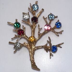 Sarah Coventry vintage gold tone multicolor glass rhinestones family tree brooch